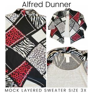 Alfred Dunner Women Mock Layered Sweater Grey Animal Prints Size 3X